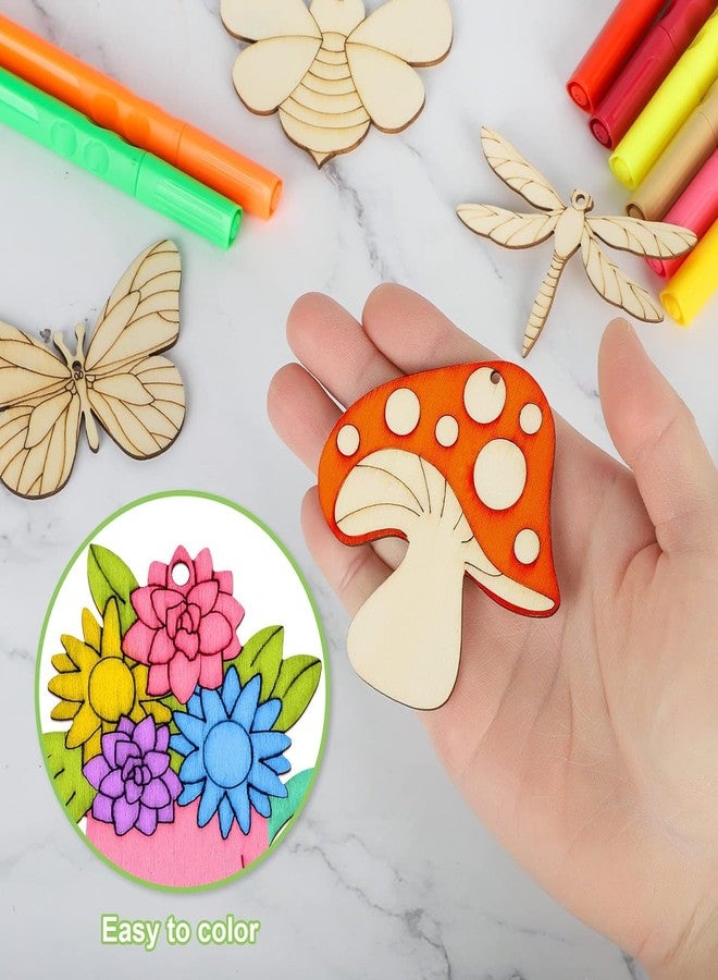 Haoser pc 16 Wooden Spring Ornaments to Paint, 8 Styles DIY Blank Unfinished Wood Cutouts Ornament for Home Crafts Hanging Decorations, Insect Dragonfly Snail Watering Can Mushroom Flower Shape - Image 3